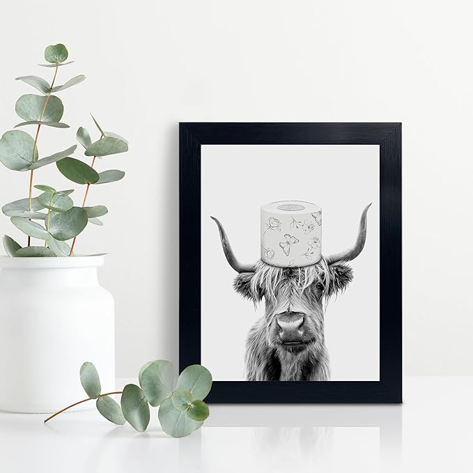 Toilet Paper On Head,Black Framed Funny Animal Prints, Vintage Black and White Rustic Style Cute Bathroom Cow Canvas Art Poster for Bathroom Restroom Decoration, Farmhouse Wall Decor