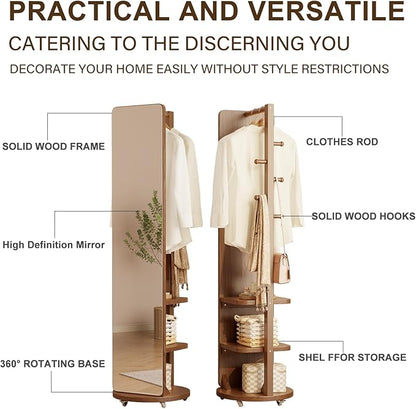 WoodsWhisper Full Length Mirror Coat Rack Solid Wood Floor Mirror 66"x12" Full Length Mirror with Stand Long Mirrors for Bedroom,Living Room (Walnut-Mobile, 66" Lx12 W)