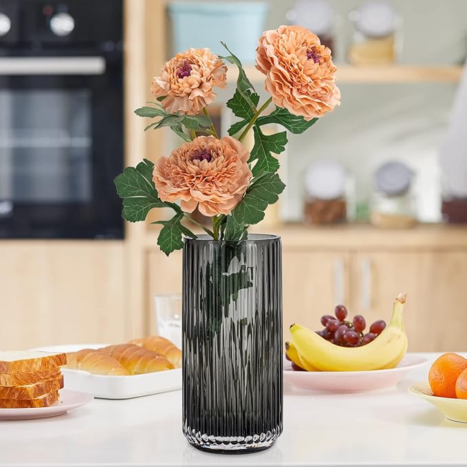 TIMEFOTO Flower Vase 7.5 inch Grey Thickened Hand Blow Glass Vase Round Vintage Striped Bottles for Bookshelf,Dinner Table,Indoor Office Desktop,Meeting Room,Bathroom,Countertop,Home