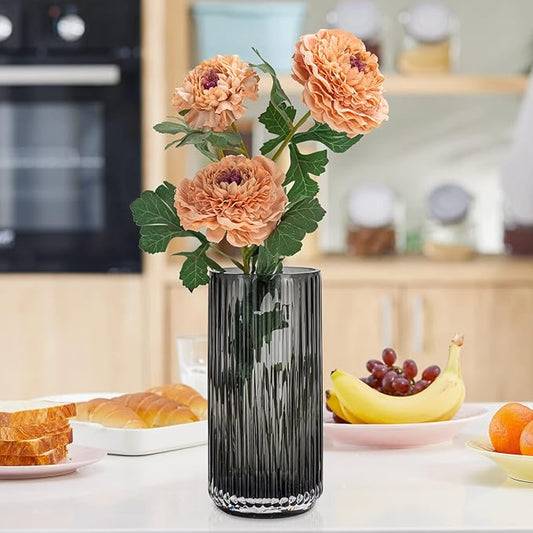 TIMEFOTO Flower Vase 10 inch Grey Thickened Hand Blow Glass Vase Round Vintage Striped Bottles for Bookshelf,Dinner Table,Indoor Office Desktop,Meeting Room,Bathroom,Countertop,Home