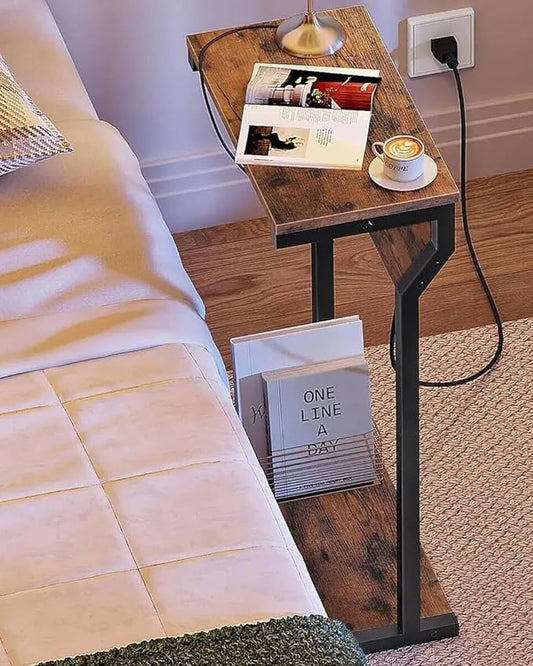 CHOEZON Narrow Side Table with Charging Station, 27" Skinny End Table for Small Spaces, Couch Table with Storage, Slim Tray Table with USB Ports, for Living Room, Bedroom, Rustic Brown TBZ27UBF