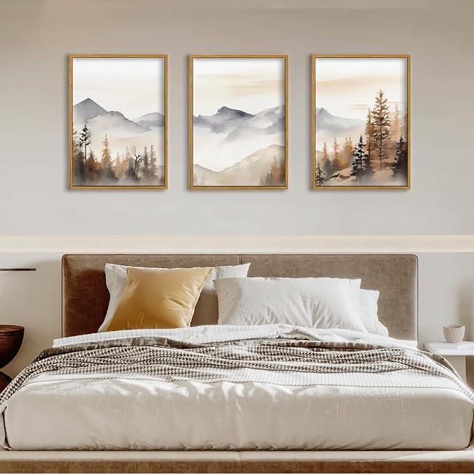TBKHUDBI Framed Neutral Mountain Wall Art Forest Landscape Canvas Painting Prints Set of 3 Abstract Nature Watercolor Picture Wall Decor for Living Room Bedroom Bathroom Office 16"x24"in