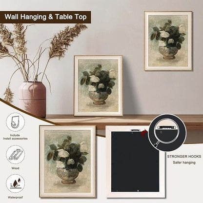 Uniro Vintage Floral Wall Art Framed, Neutral Flower Still Life Oil Painting, White Roses Canvas Prints Artwork with Antique Frame, Farmhouse Wall Decor for Bedroom, Kitchen, Shelf, Bathroom Wall Decor, Cottagecore Room Decor - 12x16Inch