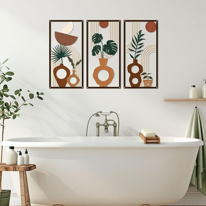 ShxTrade Boho Metal Wall Art Set of 3, Minimalist Botanical Wall Decor with Vase & Plant Silhouettes,Geometric Modern Mid Century Modern Artwork Art for Living Room Bedroom Bathroom Office