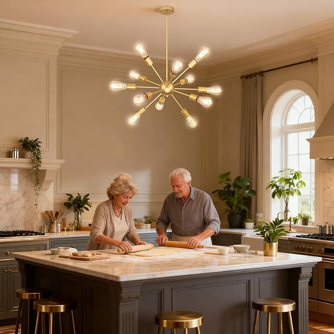 Gold Sputnik Chandelier, 12 Light Farmhouse Chandeliers for Dining Room Light Fixtures Over Table, Modern Ceiling Hanging Lighting for Living Dining Room, Kitchen Island, Entryway, Foyer