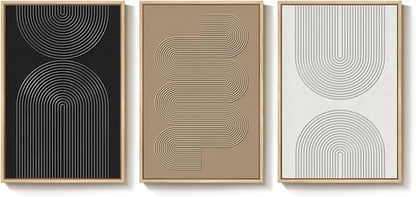 Large 3D Textured Framed Boho Neutral Abstract Wall Art, Set of 3 Modern Paintings Artwork for Walls, Black White Brown Minimalist Geometric Pictures for Living Room, Entryway, Dining Room Wall Decor