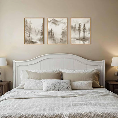 HPNIUB Foggy Mountain Forest Framed Wall Art Set,Abstract Misty Woodland Wall Decor,Neutral Pine Tree Farmhouse Art Print,Modern Nature Landscape Artwork for Living Room, Bedroom,Office-12 x16 x3