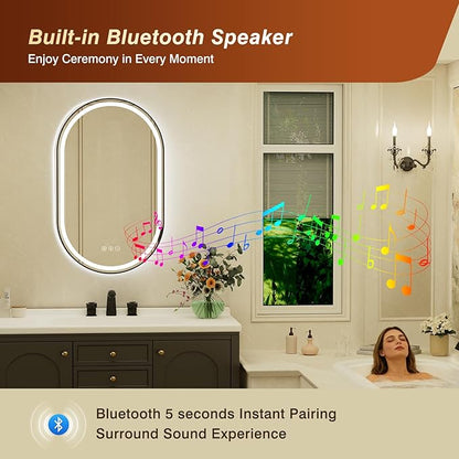 22x36 Inch Oval Black Framed LED Bathroom Mirror with Lights, Built-in Bluetooth Speaker,Tempered Glass,Dimmable Lighted Bathroom Vanity Mirror with 3 Colors, Backlit + Frontlit, Memory, Anti-Fog