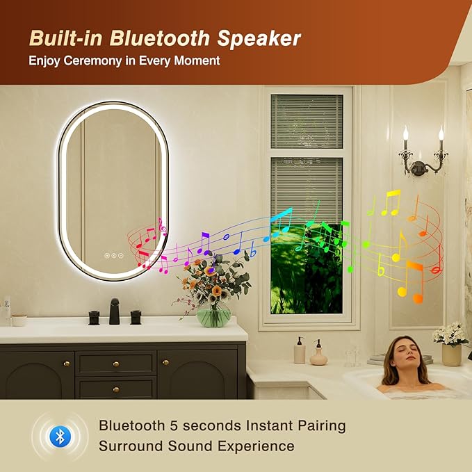 24x40 Inch Oval Black Framed LED Bathroom Mirror with Lights, Built-in Bluetooth Speaker,Tempered Glass,Dimmable Lighted Bathroom Vanity Mirror with 3 Colors, Backlit + Frontlit, Memory, Anti-Fog