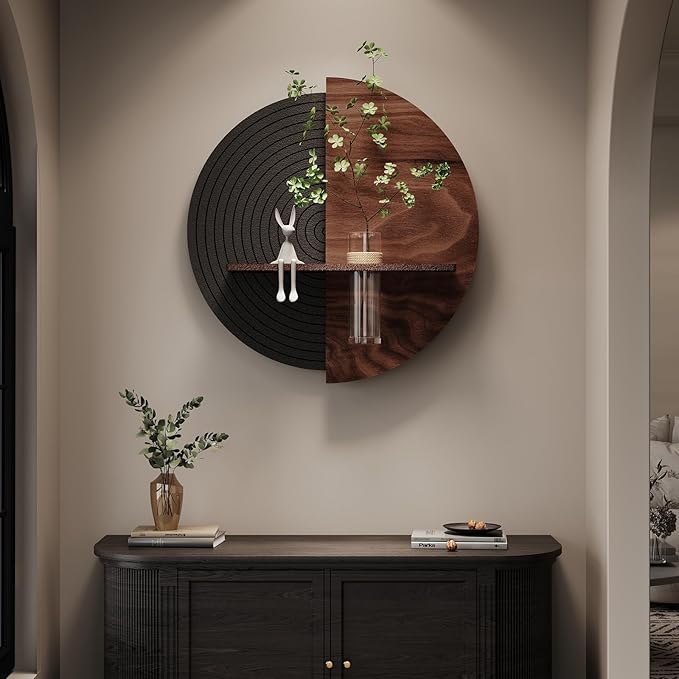 3D Textured Round Abstract Wall Art Decor With Shelf, Modern Minimalist Geometric Black Brown Artwork for Walls, Circle Sandstone Texture Wall Decor for Living Room, Hallway, Kitchen, Bedroom, Office