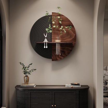 3D Textured Round Abstract Wall Art Decor With Shelf, Modern Minimalist Geometric Black Brown Artwork for Walls, Circle Sandstone Texture Wall Decor for Living Room, Hallway, Kitchen, Bedroom, Office
