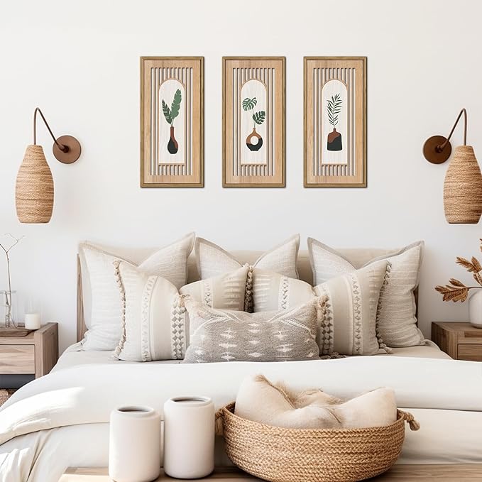 KAIRNE Boho Wooden Wall Art,Abstract Minimalist Wall Art Set of 3(8X16),Modern Aesthetic Botanical Artwork,Green Bohemian Decor,Mid-Century Design for Living Room Bedroom Office Farmhouse Decor,Framed