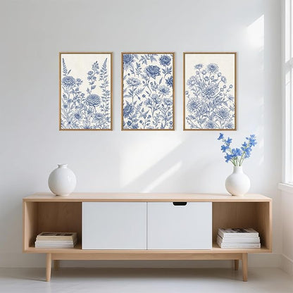 Large Navy Blue Chinoiserie Floral Framed Canvas Wall Art Set,Minimalist Blue and White Flower Wall Decor,Classic Watercolor Botanical Wildflower Art Print for Living Room,Bedroom-16 x24×3