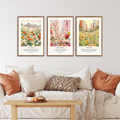 KAlRNE Christian Floral Framed Canvas Wall Art Set of 3(16”X24”),Bible Verse Cityscape Wall Decor,Vintage Colorful Flower Picture Inspirational Scripture Art Prints For Living Room Bedroom Church