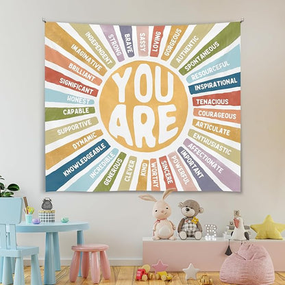 You Are Strong Wall Tapestry, Positive Affirmations Wall Hanging Decor, Self affirmation Poster Banner for Classroom, Counseling Office, Therapy Room, Teen Bedroom and Calm Down Corner(Colorful-You are)