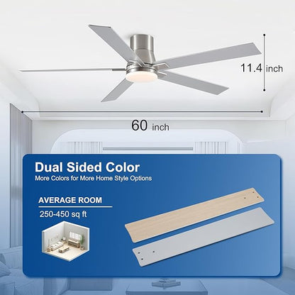 Rayqueen 60 Inch Ceiling Fans with Lights and Remote,Flush Mount Brushed Nickel Ceiling Fan,6 Speed Reversible DC Motor,3CCT Dimmable LED-Low Profile Design for Bedroom, Living room & Covered Outdoor