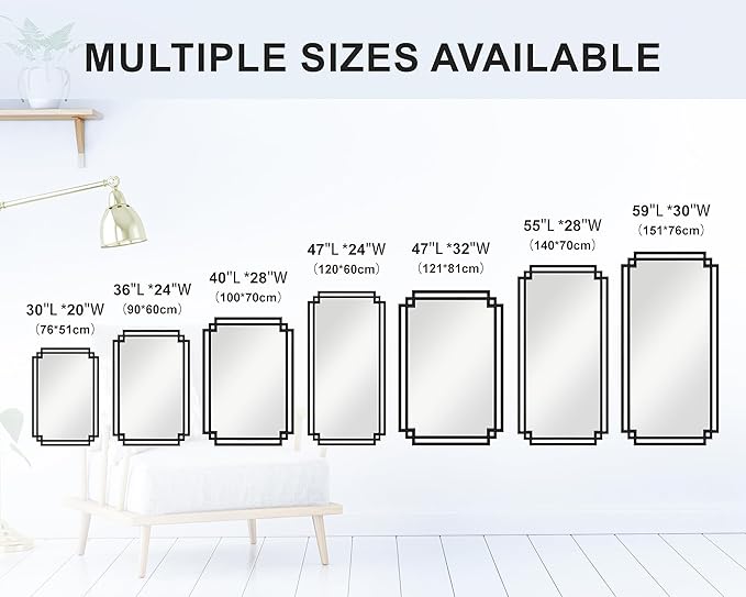 32" x 47" Large Wall Mirror for Living Room Decor, Black Decorative Mirror with Irregular and Rectangular Metal Frame, Horizontal/Vertical Hanging Mirror for Bathroom, Entrance