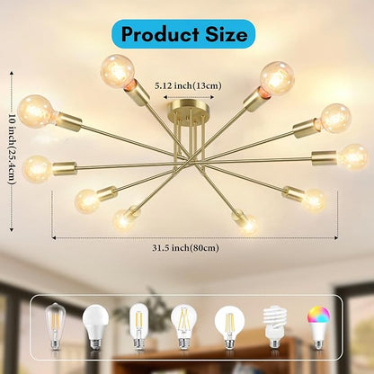 Semi Flush Mount Ceiling Light Fixture, 10-Light Modern Gold Sputnik Chandelier Industrial Ceiling Lamp for Kitchen Dining Room Living Room Bedroom Foyer