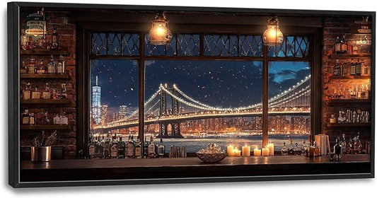 Brooklyn Bridge Large Wall Art for Living Room New York Nighttime Skyline Landscape Framed Pictures Canvas Decor City Prints Painting Extra Large Modern Artwork for Bedroom Office Kitchen 30"x60"