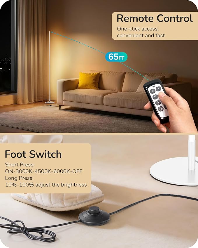 EDISHINE 59.8" Corner Floor Lamp, White Floor Lamp with Remote, 3 Height Settings, 3 Color Temperature & Stepless Dimming, Foot Switch, Slim Floor Lamps for Living Room, White