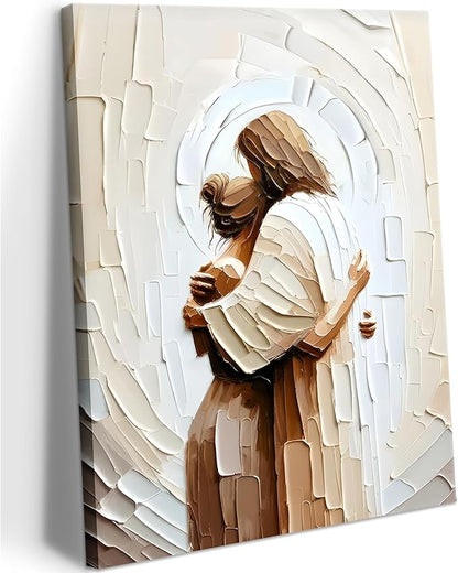 Jesus Hugging Woman Canvas Wall Art God & Girl Wall Decor Safe in His Arms Pictures Modern Christian Healing Embrace Mormon Prints Posters Artwork for Living & Prayer Room Bedroom Decor 16x24in canvas