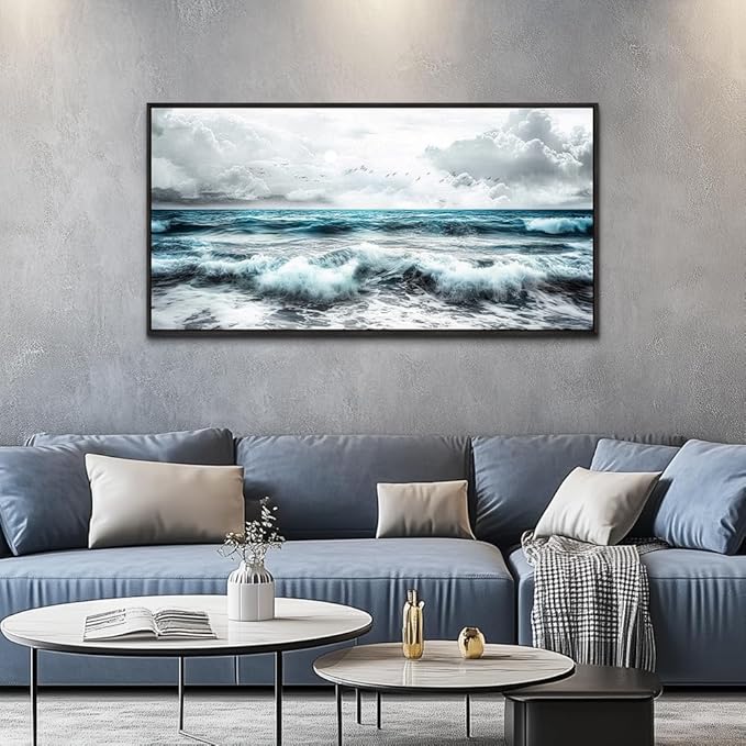 ERQINHUA Black And White Beach Canvas Wall Art For Living Room Wall Decoration For Bedroom Office Wall Decor Blue Sea Wave Printing Pictures Artwork Home Decor Painting Black Framed 24x48 In