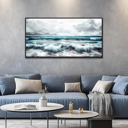 ERQINHUA Black And White Beach Canvas Wall Art For Living Room Wall Decoration For Bedroom Office Wall Decor Blue Sea Wave Printing Pictures Artwork Home Decor Painting Black Framed 24x48 In