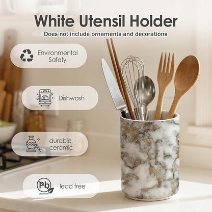Marble utensil holder,Countertop Ceramic Utensil Holder,Large Cooking Utensil Crocks for Kitchen Counter Decor, Ceramic Vase for Kitchen Utensils, H6.3 xD4.7(marble)