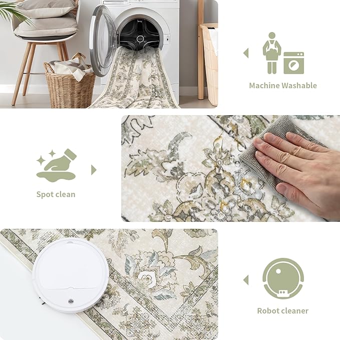 Round 6Ft Washable Area Rug,Vintage Floral Low Pile Non Slip Carpet Non-Shedding Rug Soft Stain Resistant Mat for Living Room Bedroom Beige and Sage Green