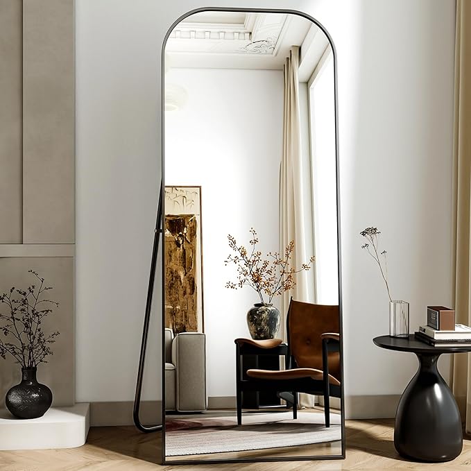 56x21 Inch Full Length Mirror - Large Floor Standing & Wall Mountable Full Body Mirror with Sturdy Aluminum Frame, Arched Top Design, Freestanding or Hanging for Bedroom, Living Room, Cloakroom,Black
