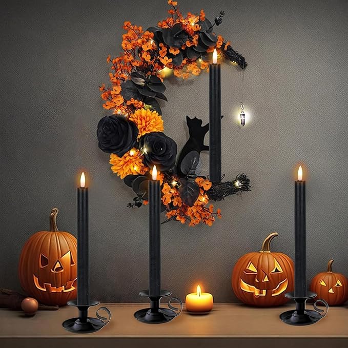 Halloween Flameless Taper Candles with 6 Hour Timer, Battery Operated Black LED Taper Candles Real Wax 3D Wick Flickering Halloween Dinner Table Decor Lights(6 Pack, 0.78” x 9.64”)