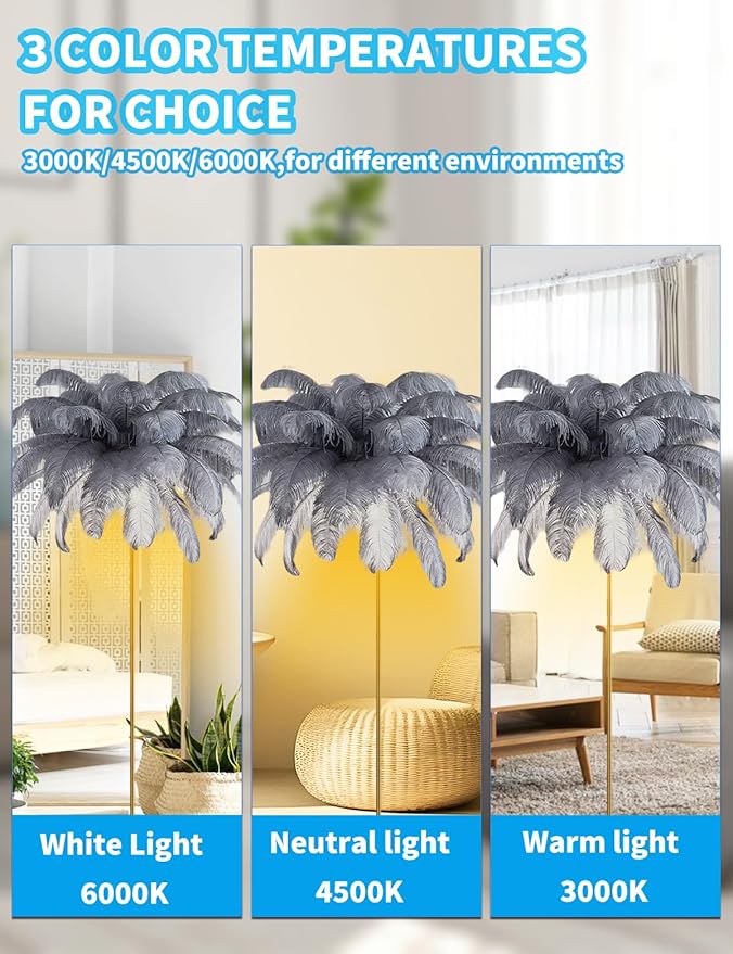 Feather Floor Lamp,Fluffy Ostrich Feather Floor Lamp for Bedroom,3 Color Temperatures Led Corner Modern Floor Lamps for Living Room Christmas Home Decor House Warming Gifts,63″ Height (Grey)