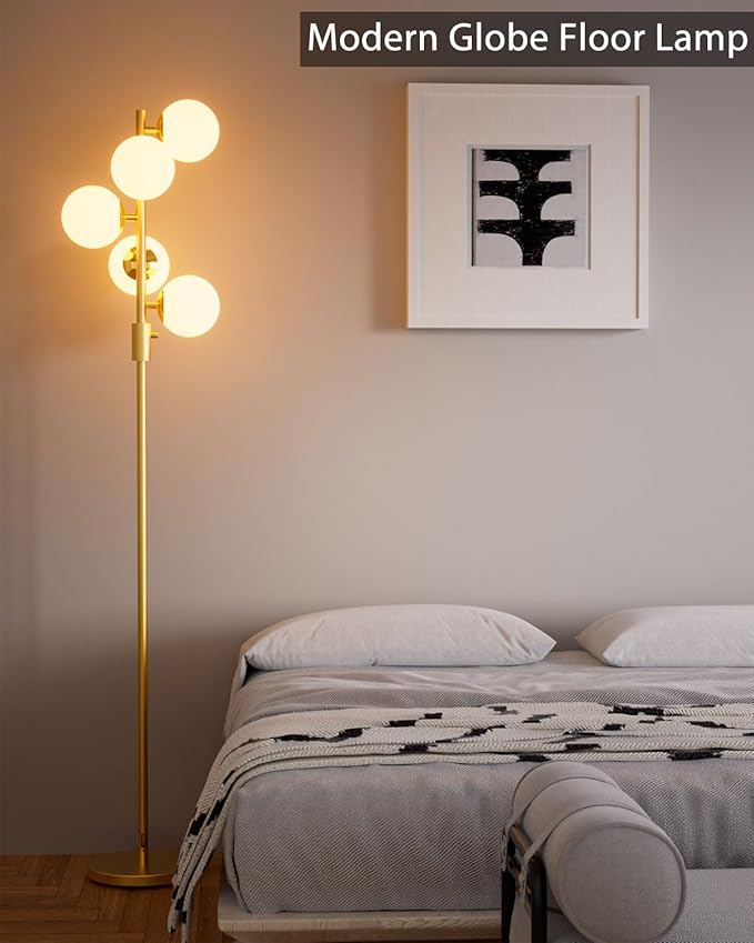 Lightdot Dimmable Globe Floor Lamp Mid Century Modern Floor Lamp with 5Pcs 3000K Bulbs Included Brightness Adjustable Gold Standing Lamps with 5Lbs Heavy Base for Living Room/Bedroom/Sofa Beside
