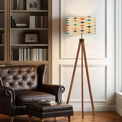 Wood Tripod Floor Lamp Mid Century Fifties Modern Stars Retro Colors Seamless Part Collection Mid Century Standing Lamp Linen Shade Dimmable Modern Tall lamp Home Decor for Living Room Bedroom Office