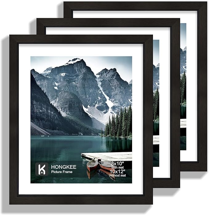 Hongkee 10x12 Picture Frame with Real Glass - Display Pictures 8x10 with Mat or 10 x 12 without Mat, Photo Frame for Wall or Table Top Display(Black, 3 Pack)