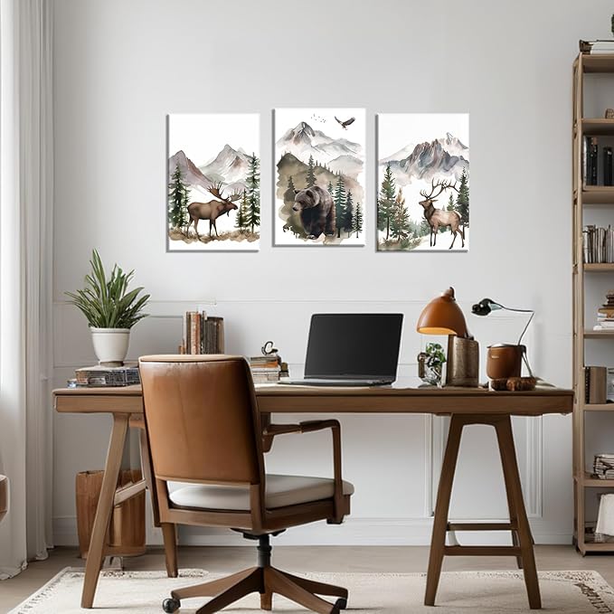 Woodland Animal Canvas Wall Art 3 Piece - Moose Elk Bear in Forest Picture Vintage Painting Rustic Farmhouse Wildlife Prints Home Wall Decor Framed(Art-3,16.00"x24.00"x3P)