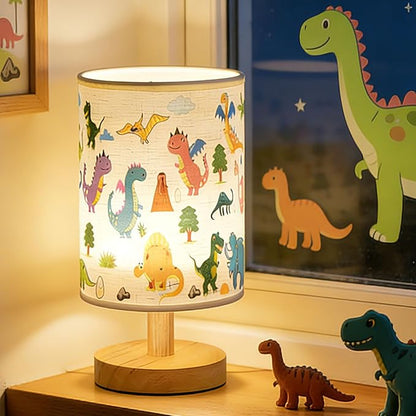 Kids Table Lamp for Bedroom,Dinosaur Room Decor for Boys,3 Level Dimmable Wood Nightstand Desk Base Flaxen Fabric Shade for Bedroom Living Room,Dinosaur Gifts for Boys (Colour)