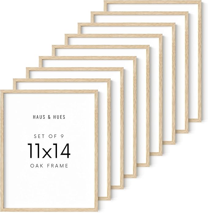 HAUS AND HUES Picture Frames 11 x 14 Set of 9 - Photo Gallery Wall Frame Set, Wood 11 x 14 Frames Gallery Wall Set, 11x14 Frame with Mat, Frames 11x14 (Beige Oak)