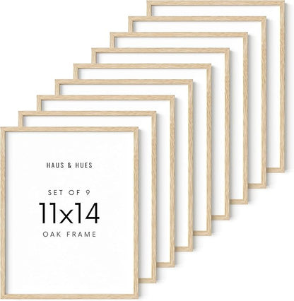 HAUS AND HUES Picture Frames 11 x 14 Set of 9 - Photo Gallery Wall Frame Set, Wood 11 x 14 Frames Gallery Wall Set, 11x14 Frame with Mat, Frames 11x14 (Beige Oak)