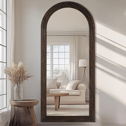 MELOMOIR Arched Full Length Mirror with Solid Wood Frame, 71"x32" Rustic Farmhouse Large Floor Mirror with Stand, Free Standing Leaning Hanging, for Bedroom Living Room Dressing Room Entryway, Brown