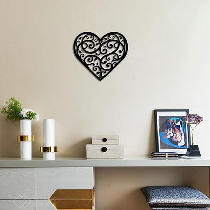 Vineland Black Metal Heart Wall Art, 11.8 x 10.6 Inch Modern Minimalist Sculpture, Floral Scroll Pattern Design, Home Decor for Living Room Bedroom