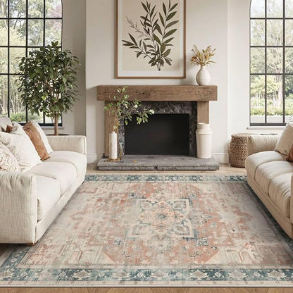 Rugxara 4X6 Rug,Washable Area Rugs for Living Room, Orange Boho Rug,Neutral Vintage for Bedroom, Dining Room, Kids Room, Farmhouse, Low Pile Non Slip Carpet for High Traffic Areas, Coral(Orange&Blue)