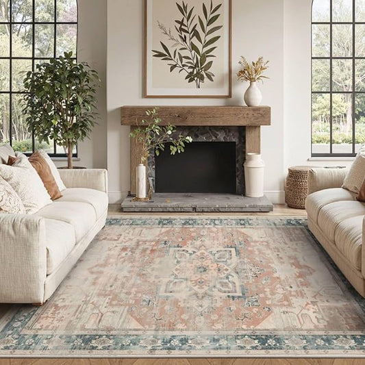 Rugxara 4X6 Rug,Washable Area Rugs for Living Room, Orange Boho Rug,Neutral Vintage for Bedroom, Dining Room, Kids Room, Farmhouse, Low Pile Non Slip Carpet for High Traffic Areas, Coral(Orange&Blue)