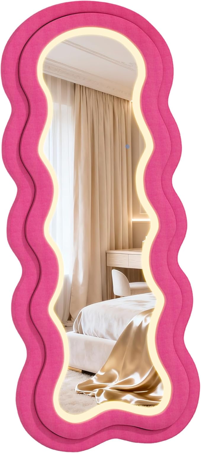 Wavy Full Length Mirror, 63"×24" Irregular Full Body Mirror with 3-Color Adjustable Light, Luxury Velvet Frame Floor/Wall Mounted Mirror for Living Room/Bedroom/Dressing Room, Ideal for Girls