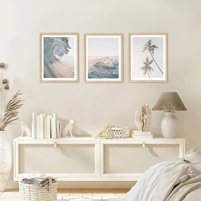 HDXUFJQ Beach Waves Wall Art Palm Tree Poster Light Blue Sea Wave Picture Prints Seawater Ocean Wave Canvas Wall Decor Coastal Coconut Trees Neutral Blue Sea Seascape Wall Decor Unframed(16x24 inch)