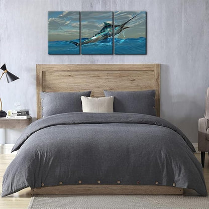 Pacimo Fish Canvas Art Wall Decor Blue Marlin Fish Bursts from Ocean Waters Pictures Prints on Canvas Tropical Animal Paintings 3 Panels Modern Artwork Home Decoration Framed Ready to Hang - 12"x16"x3