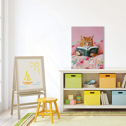 Framed Vintage Cats Canvas Wall Art, Funny Animal Reading Books Poster Printing Pictures, Pink Cute Cat Lovers Wall Decor for Girls Room Bedroom Kids Room Living Room Bathroom 12x16 in