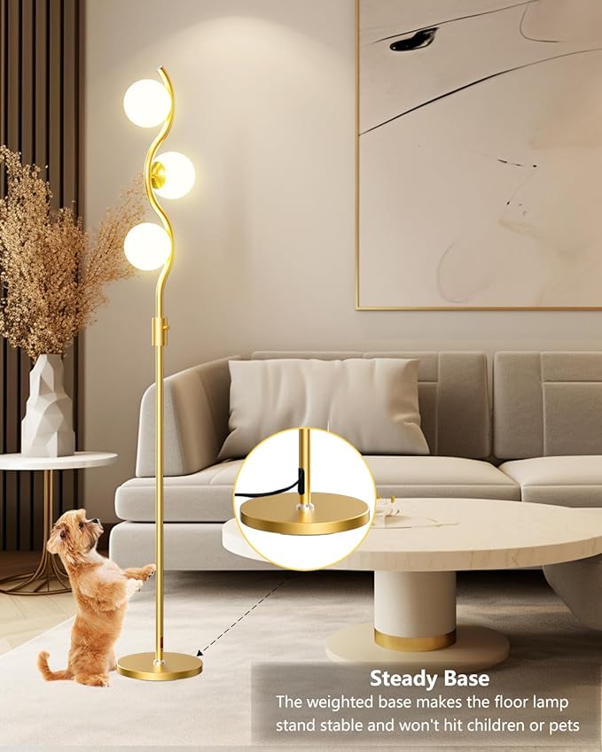 Lightdot 60IN Gold Floor Lamp Stepless Dimmable Globe Floor Lamps with 3Pcs 3000K Bulbs Included Eye-Friendly Mid Century Standing Lamps with 5Lbs Heavy Base for Living Room/Sofa Beside/Corner Decor