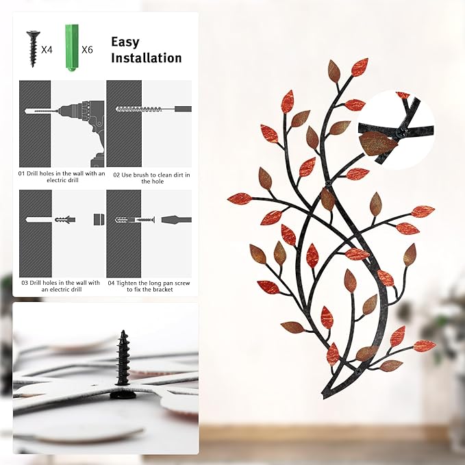 Meltset Metal Tree Leaf Wall Decor, Vine Olive Leaf Branch Wall Art, Wrought Iron Scroll Artwork, Decorative Wall Sculptures Above The Bed, Living Room, Hallway, Indoor and Outdoor（S/Red）