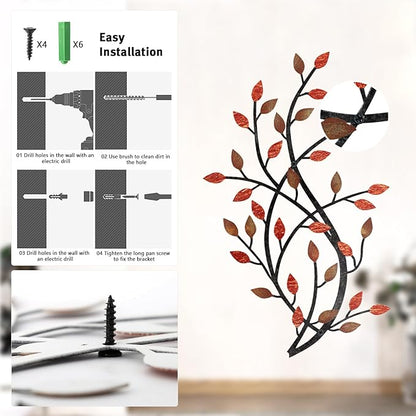 Meltset Metal Tree Leaf Wall Decor, Vine Olive Leaf Branch Wall Art, Wrought Iron Scroll Artwork, Decorative Wall Sculptures Above The Bed, Living Room, Hallway, Indoor and Outdoor（S/Red）